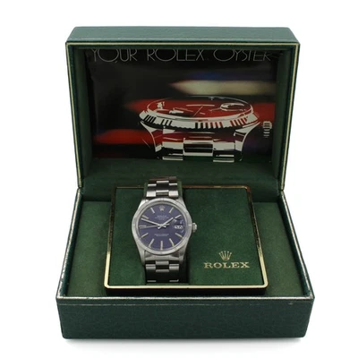 Men's Rolex Date Ref. 15010 34mm Blue Dial Engine Turned Bezel Watch #W291957-1