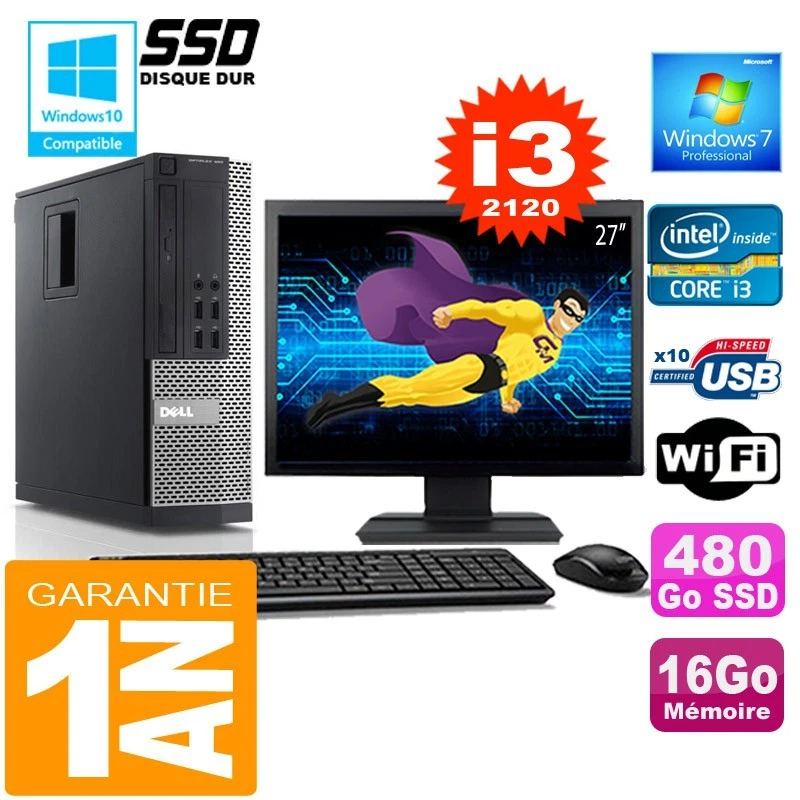 PC DELL 990 SFF Core I3-2120 Ram 16Go Disque 480 Go SSD Wifi W7 Ecran 27" - Photo 1/4
