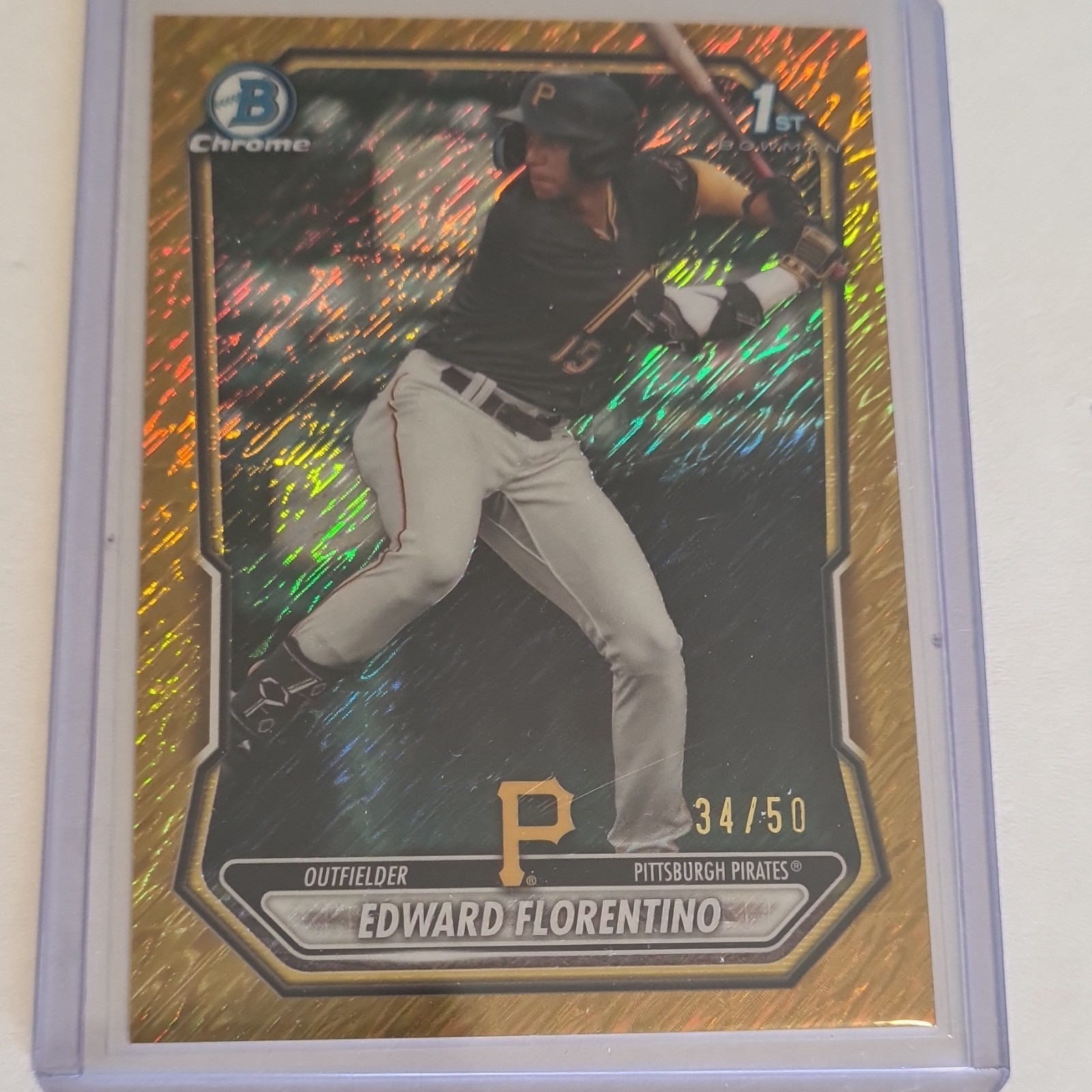 gold shimmer Bowman Chrome Edward Florentino RC Serial Numbered #34/50 Pirates view 1