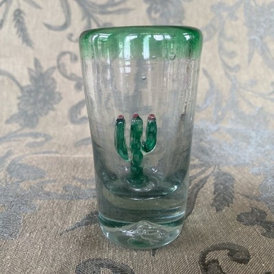 Mexican Hand Blown Shot Glass Has Green Rim with Glass Cactus 2oz