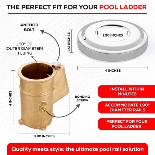 (2PC)Anchor & Escutcheon Pool Rail Set, 4-Inch Anchor for 1.90-In Outer Diameter - Picture 2 of 10