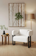 White Boucle Wide Mid Century Modern  Accent Bedroom Lounge Armchair Tub Chair