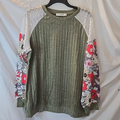 Lovesoft Laurel Green Long Floral Sleeves Ribbed Pullover Sweater Sz XL Boho