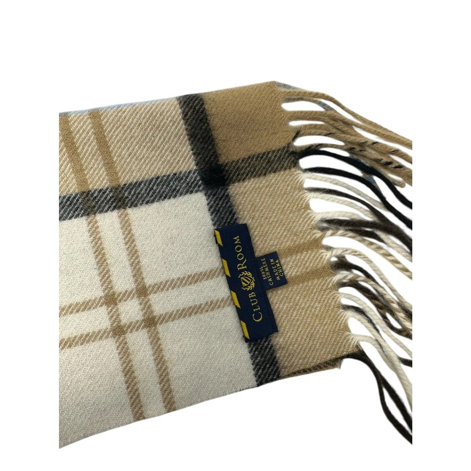 Bufanda borlas a cuadros marrón y azul 100 % cachemir Clubroom unisex nueva sin etiquetas Foto 2 de 4