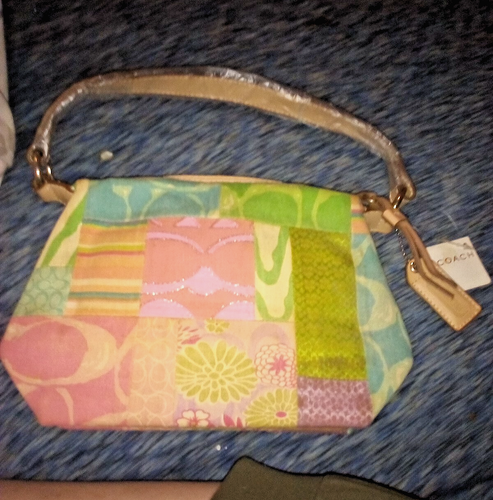 COACH patchwork mini bag, multi-pastel color pouch, signature floral pattern