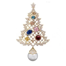 ZARD Christmas Tree Pin Brooch Multi-Color CZ Gemstone Gold-Tone Holiday Jewelry
