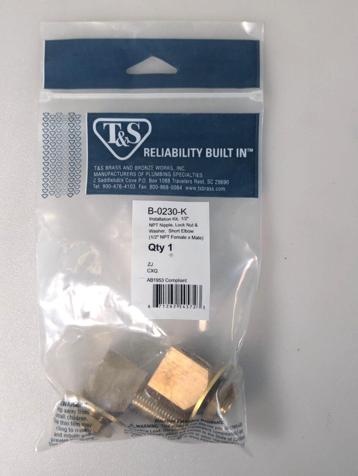 T&S B-0230-K Installation Kit 1/2" NPT Nipple, Lock Nut & Washer Short ElbowREAD