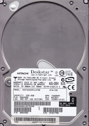 FOR DATA RECOVERY Hitachi HDS722525VLAT80 250GB MLC: BA1027 IDE BED SECT. 6710 - Picture 2 of 3