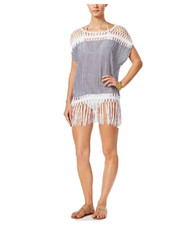 Poncho de ganchillo Steve Madden y encubrimiento de natación en azul marino, venta al por menor $58.00