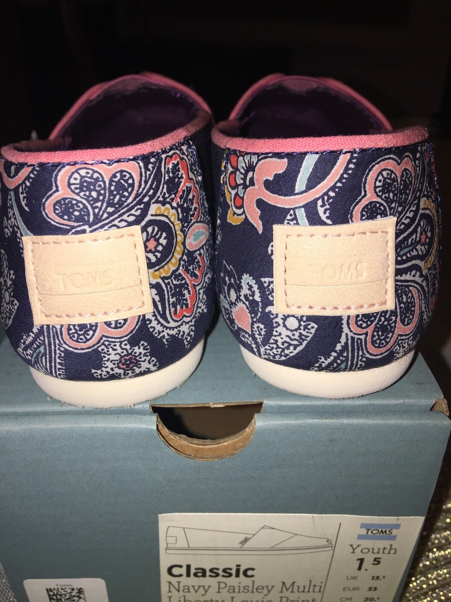 Toms Girl Shoes Classic Navy Blue Paisley Multi Canvas Youth Size Y
