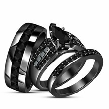 Lab Created Black Diamond Trio His  Her Wedding Ring Set 14K Black Gold Plated