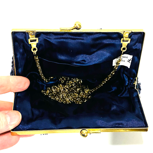 Vintage La Regale navy blue beaded evening bag converts to dressy clutch purse - Picture 10 of 11