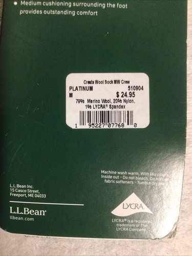 L.L.Bean Cresta Wool Midweight Hiking Socks Crew Platinum Women’s Sz M 7-9 NEW - Picture 3 of 3