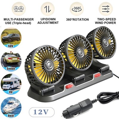 12V Car Tri Head Cooling Fan 360° Rotatable Portable Auto Truck Air Cooler Fan