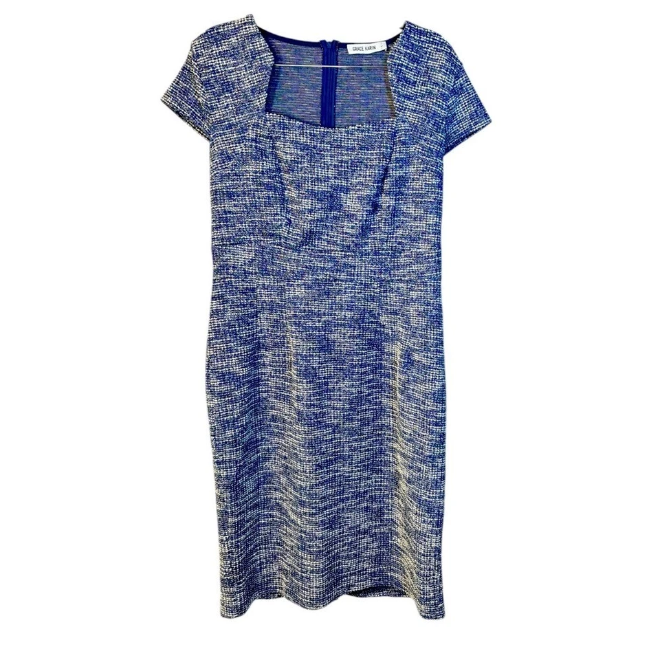 Vestido Grace Karin Mujer Grande L Azul Blanco Tweed Cuello Cuadrado Carrera Fiesta Foto 2 de 4