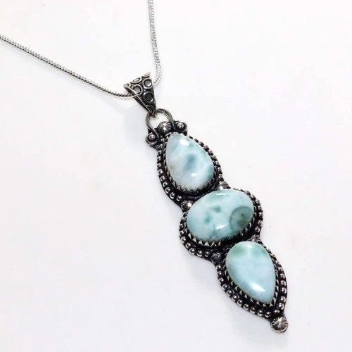 Exclusive Larimar 925 Silver Plated Necklace 18" Wedding Gift Fashion Sale GW