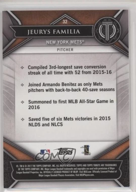 2017 Topps Tribute Jeurys Familia #32 - Image 2 of 2