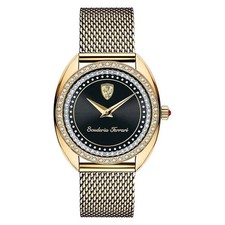 Ferrari Scuderia 0820009 Ladies Black Dial Gold Mesh Strap New