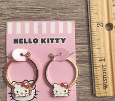 Hello Kitty Character Gold Tone Hoop Earrings 1.5 Inch Gold White