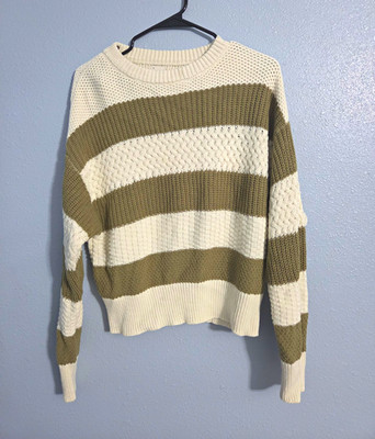 A New Day Women's S Ivory/Green Striped Crew Neck Knit Ribbed Pullover Sweater