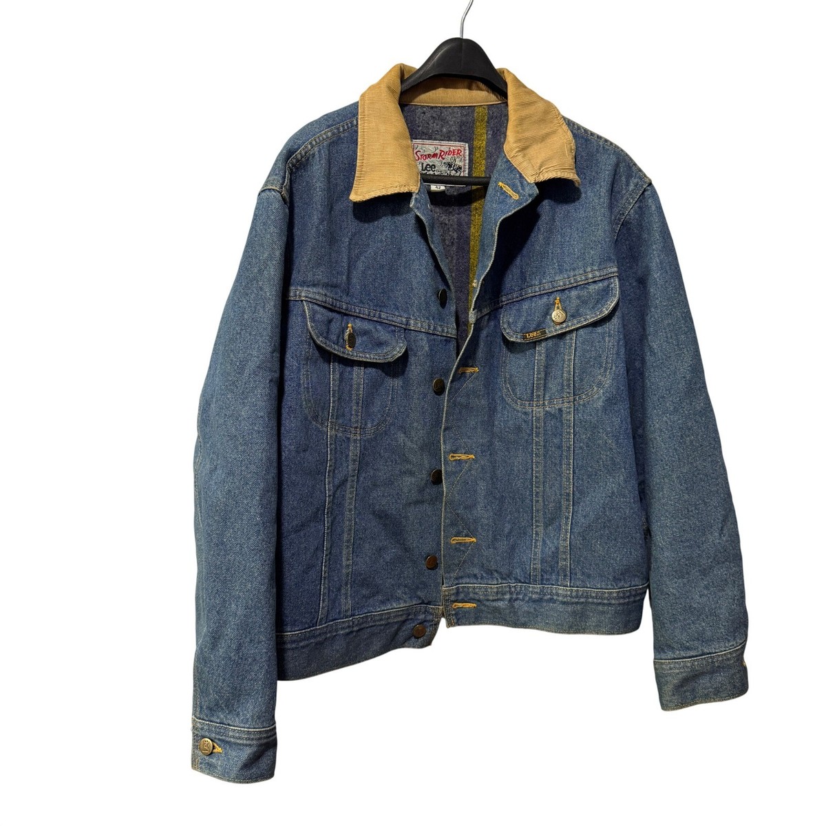 Vintage Lee Storm Rider Denim Jacket 42 Blue Blanket Lined