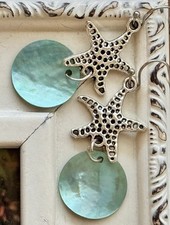 Summer Silver Starfish and Opalescent Blue Shell Dangle Earrings.