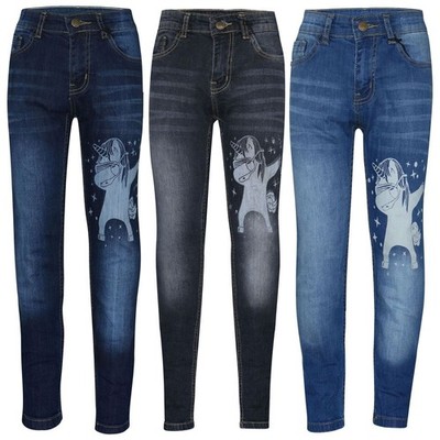Kids Girls Jeans Designer Unicorn Dab Denim Stretchy Pants Fit Trousers 5-14 Yr
