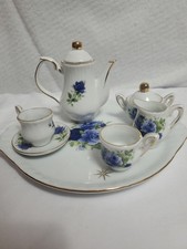 Miniature Tea Set 9 Pieces White Porcelain Blue Roses Gold Trim