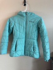 Columbia Aqua Puffer Jacket Hooded Zip Girls M 10/12 100 Polyester