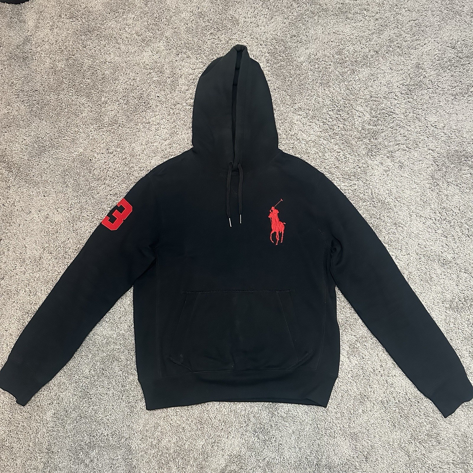 Vintage Polo Ralph Lauren Nero Rosso Big Pony 3 Bred Pullover Felpa con Cappuccio (M)