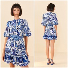 Farm Rio Sweet Rio Mini Dress Blue White Floral Palms Belted Shirtdress XS