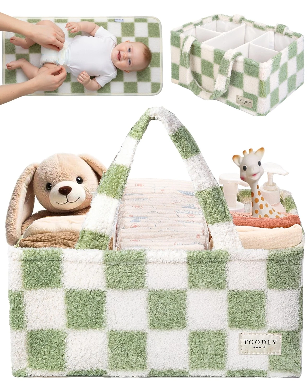 Checkered Diaper Caddy Organizer with Portable Changing Mat - Teddy Fleece Di...