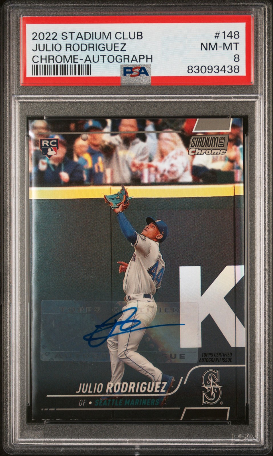 2022 TOPPS STADIUM CLUB CHROME-AUTO #148 JULIO RODRIGUEZ ROOKIE RC 12/25 PSA 8 view 1