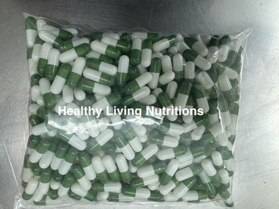 1000 EMPTY gel GELATIN CAPSULES ~SIZE 00 ~ Colored White/Green (Kosher)