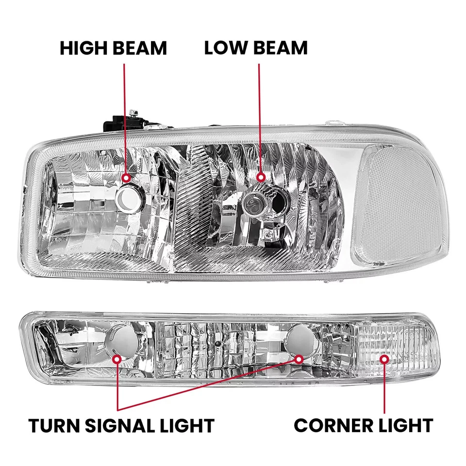 Faróis transparentes cromados + lâmpadas de para-choque conjunto com 4 peças para GMC Sierra 99-06 Yukon 00-06 - Imagem 3 de 4