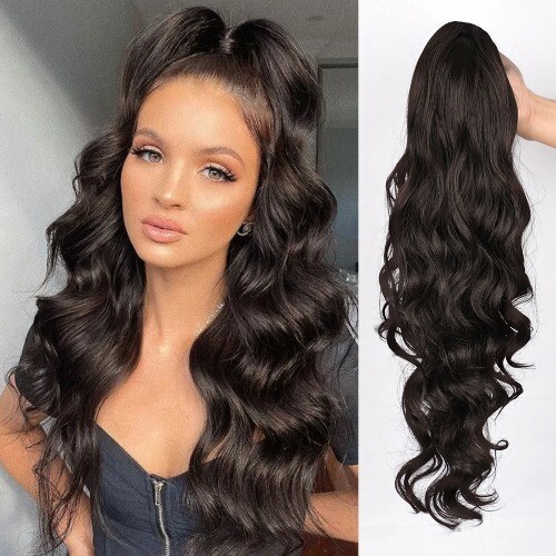 Extensiones de cola de caballo sintéticas cordón ondulado cola de caballo clip en extensiones de cabello