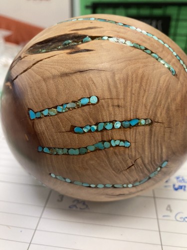 Handmade Wooden Ball With Turquoise Inlay brokn wheel 2002 Wood Turned - Picture 2 of 7