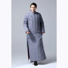 Chinese Style Men's Long Cotton Padded Robe Warm Stand Collar Overcoat Vintage