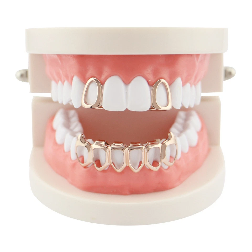 Parrillas de hip hop ajuste personalizado 2 individuales superiores e inferiores conjunto colmillos huecos dientes parrilla Foto 3 de 4