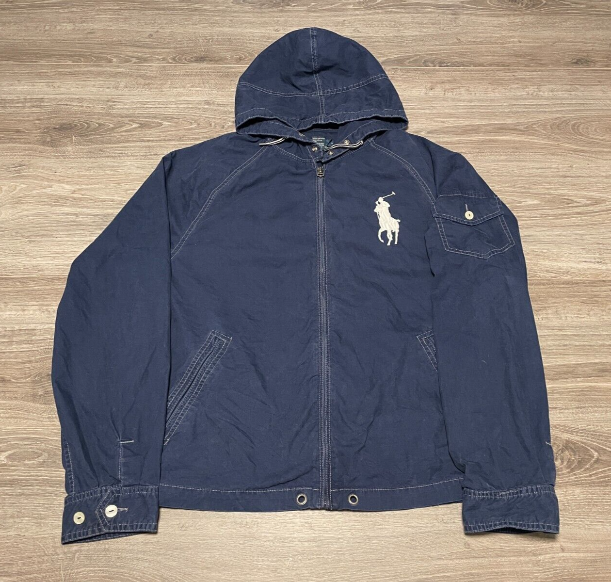Giacca con cappuccio e zip vintage anni 90 Polo Ralph Lauren Big Pony blu talon adulto XL