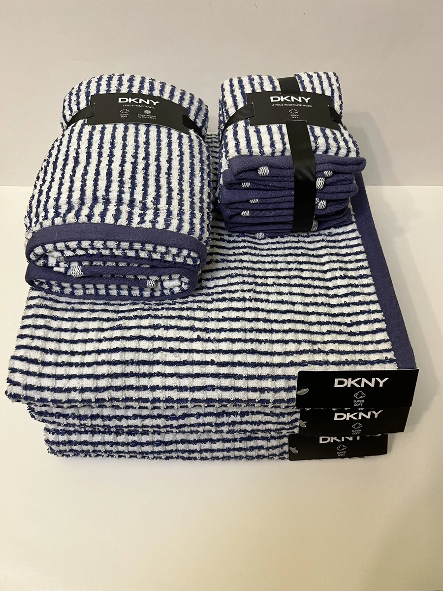 DKNY 3 Bath 2 Hand 4 Washcloth Towels White Navy Blue 100 Cotton