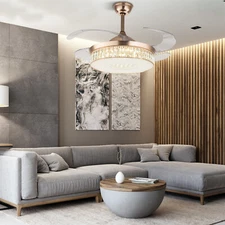42" Gold LED Invisible Ceiling Fan Light Modern Crystal Chandelier Lamp w/Remote