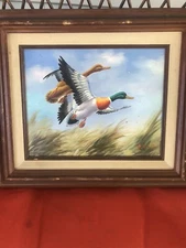 Oil Painting Mallards in Flight 8 x 10 Signed Canvas Excellent Bold Color Framed