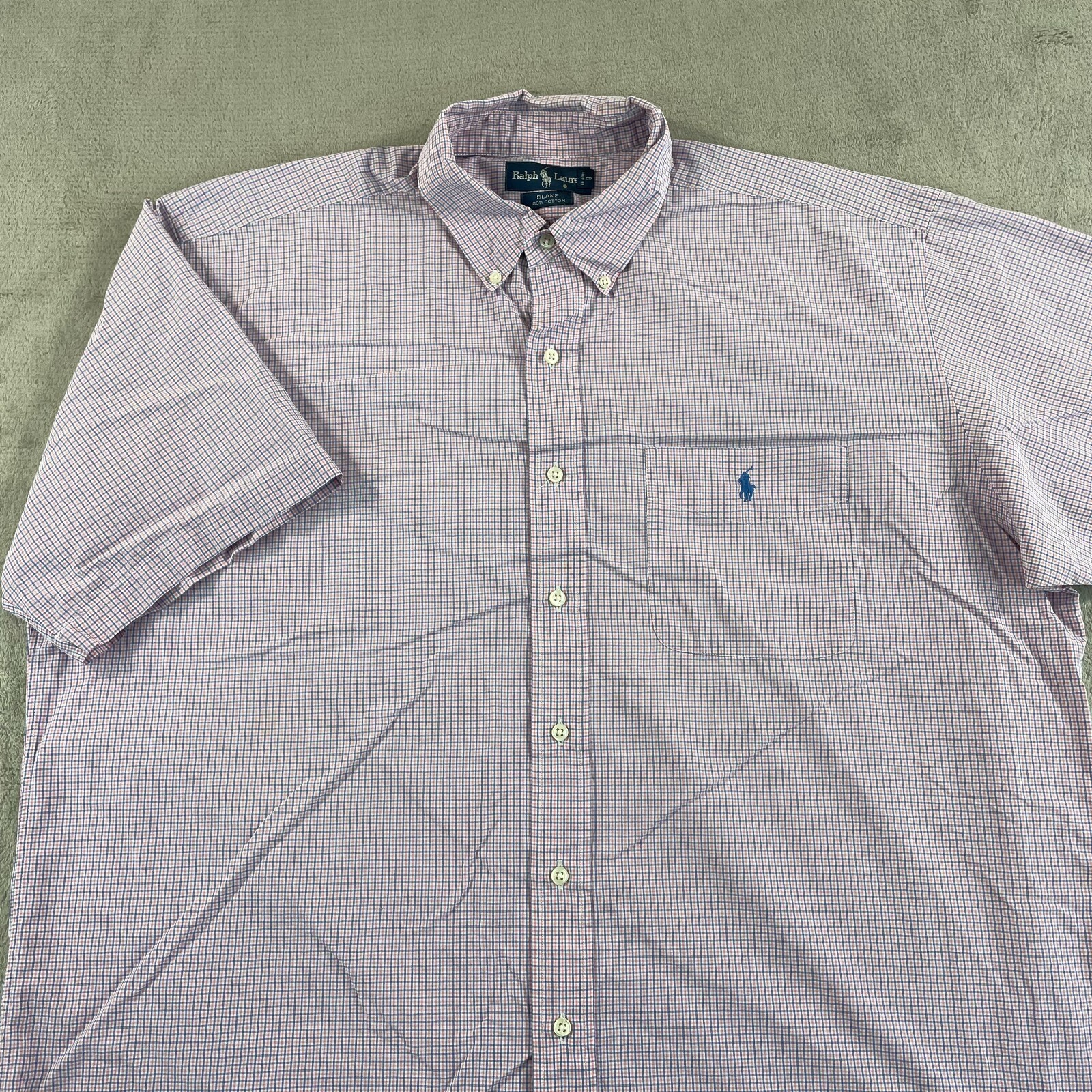 Vintage Polo Ralph Lauren Blake Shirt Men XL Pink Blue Plaid Short Sleeve Pony