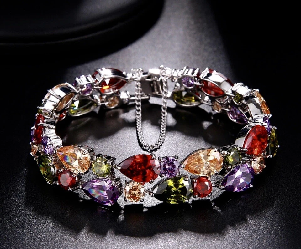 "Pulsera de tenis multicolor llena de oro blanco de 18k hecha con cristal de Swarovski 7,5""" Foto 3 de 4