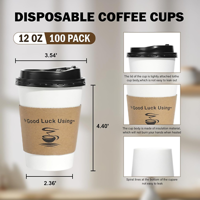 100 Pack 12 Oz Disposable Coffee Cups with Lids and Sleeves, to Go Coffee  Cups | eBay
