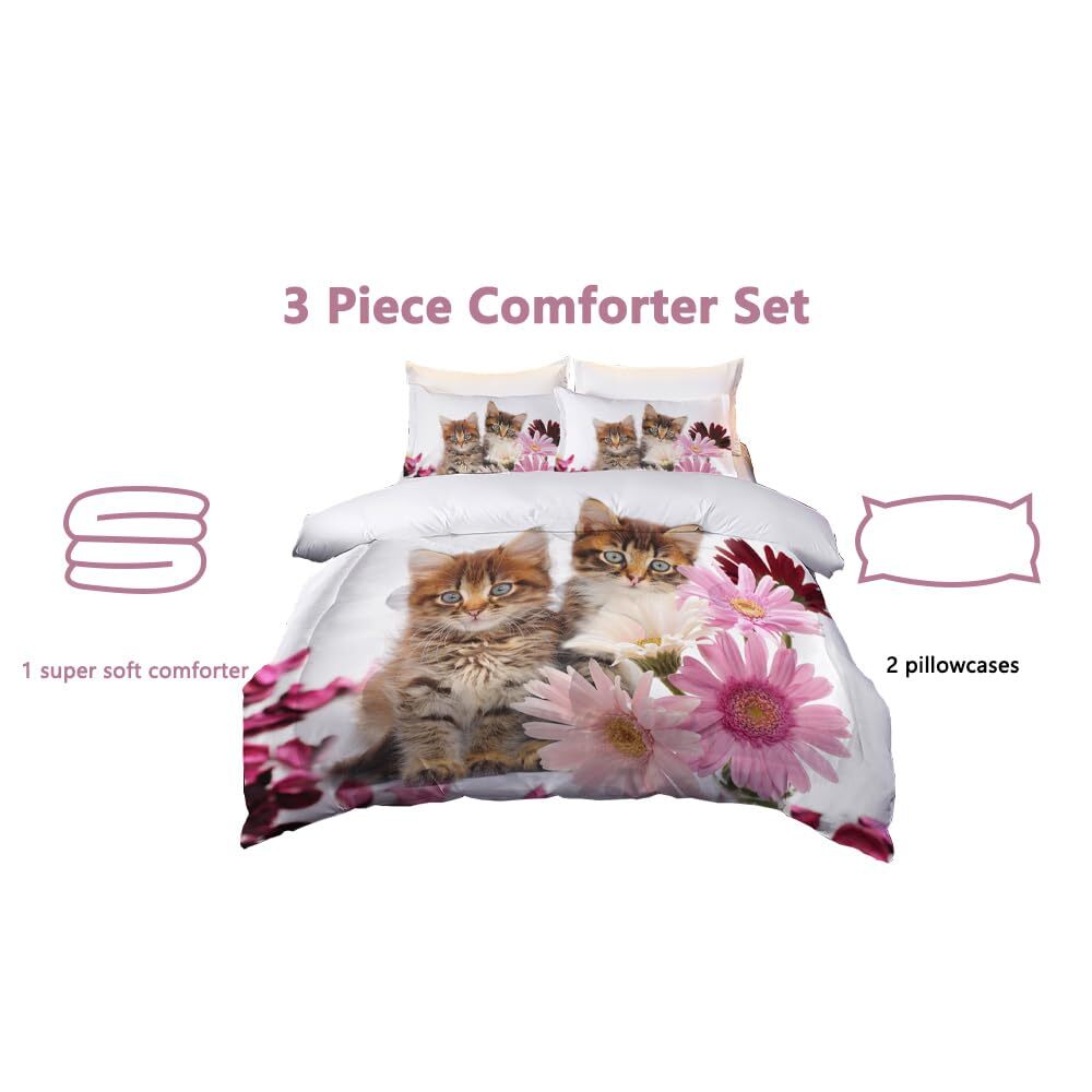 QOOMO Pink Floral Cat Comforter Set Full Size - 3 Piece Bedding With Comforter & 2 Pillowcases, Down Alternative