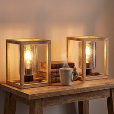 Tischlampe Tischleuchte Schlafzimmerlampe Holz Rauchglas Luftblasen 2er Set