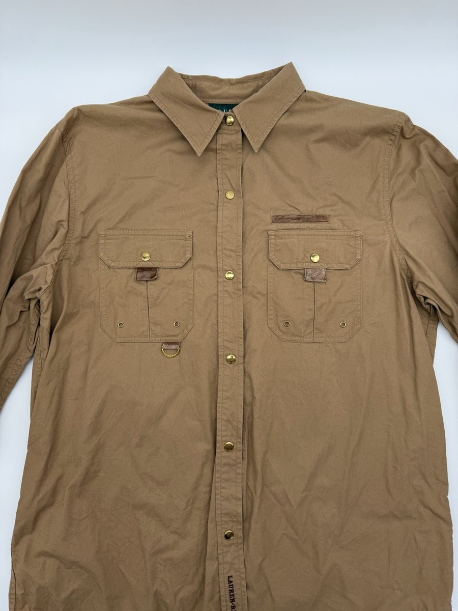 Ralph Lauren Women's Leather-Trim Shirt Tan Safari Sz Large Brown