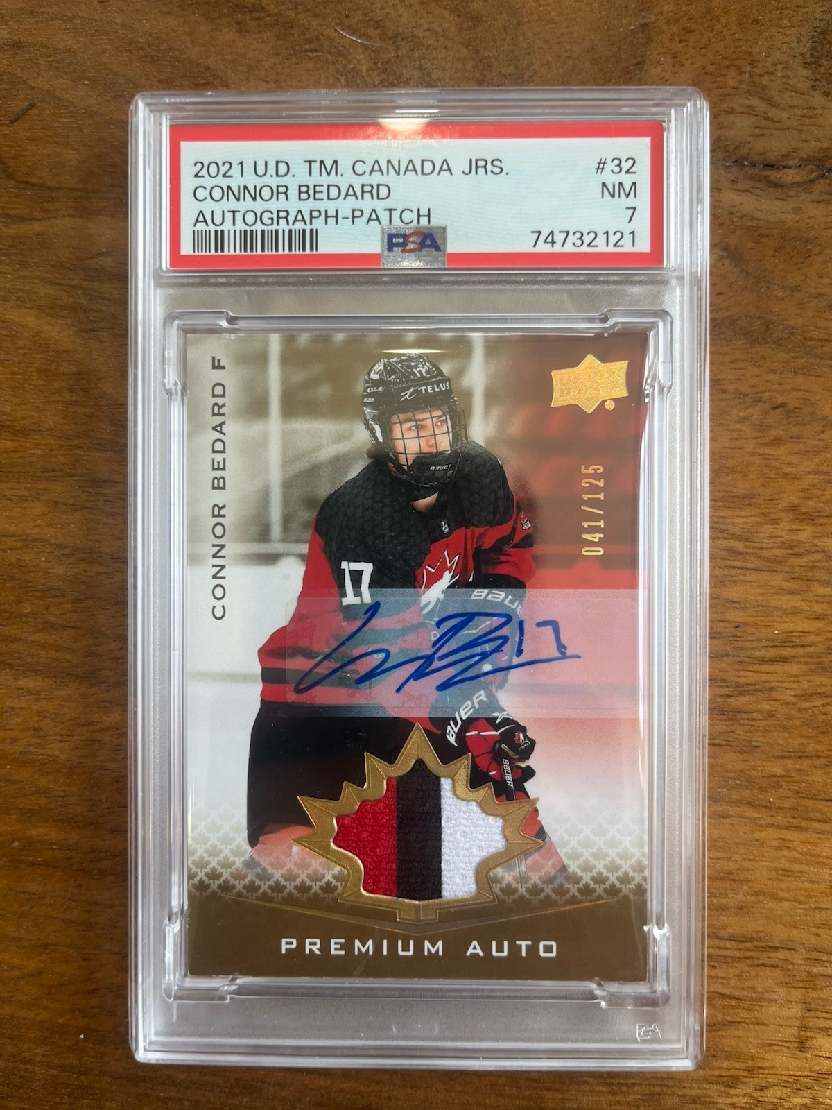 Connor Bedard Autographed Signed Canada 2021 U.D. TM. Jrs. -Patch PSA 7 